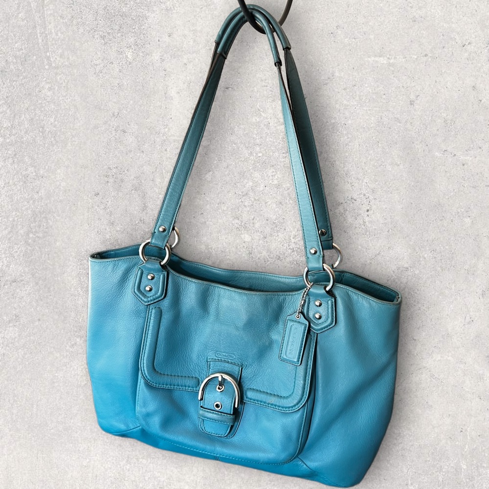 Coach Campbell Belle Carryall Tote Blue Green Leather